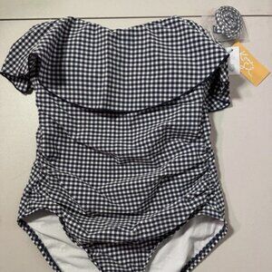 NWT Kona Sol Navy Blue White Gingham Ruffle One Piece Swim Bathing Suit S 4-6